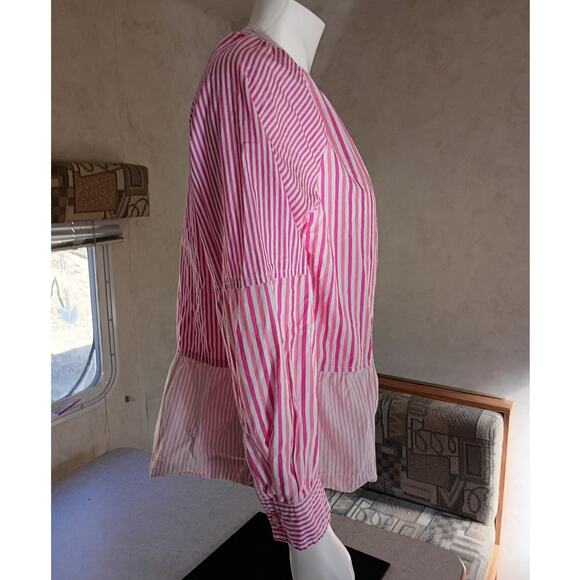 FREE ASSEMBLY Pink Stripe Cotton Peplum Blouse Top Sz L Soft Casual Quietlux - Picture 9 of 10